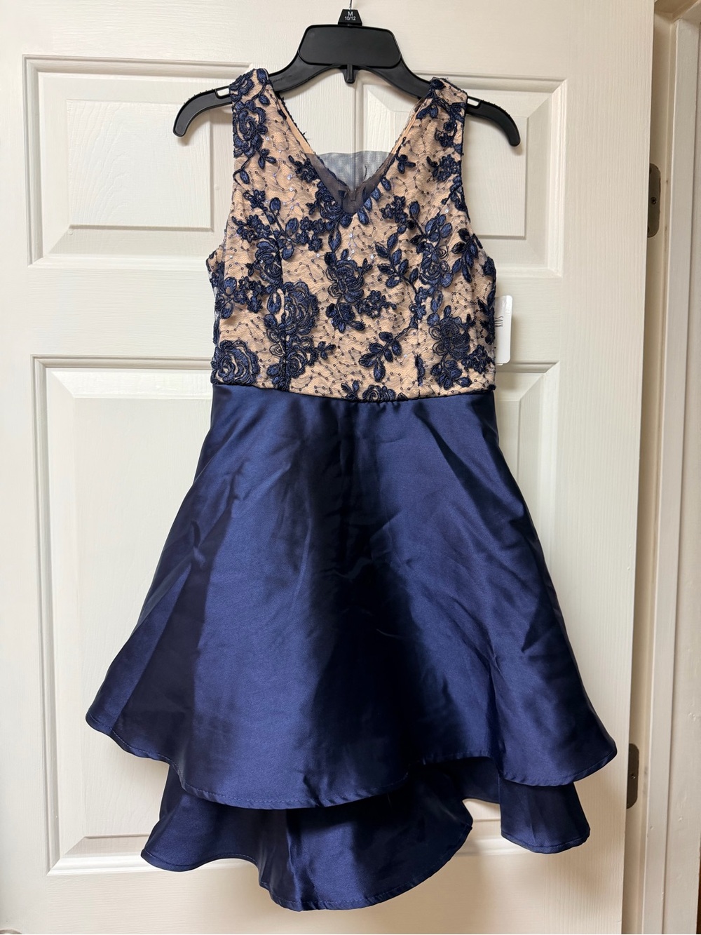 Speechless Navy and Champagne Floral Lace High-Low Dress